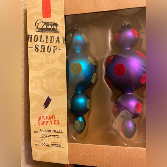 Old Navy Holiday Shop Colorful Good Cheer Blown Glass Ornaments Set of Three - Picture 4 of 4